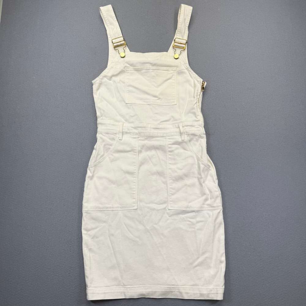 Frame Denim White Overall Pinafore Mini Dress Side Zip Gold Hardware Size M